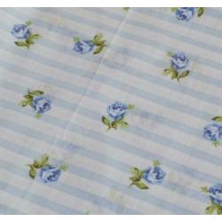 128) 150x100cm Katoenen Stof Blauwe Rozen en Strepen