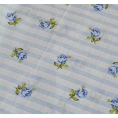 128) 150x100cm Katoenen Stof Blauwe Rozen en Strepen