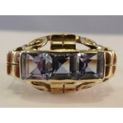 Unieke Art Deco ring met Aquamarijnen, 14 karaat goud