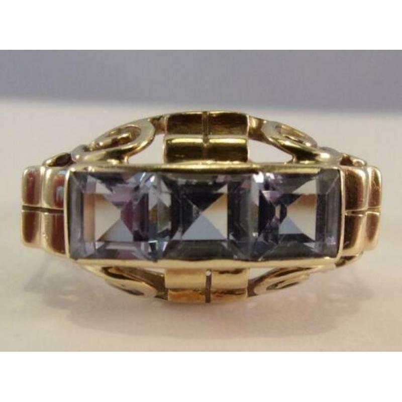 Unieke Art Deco ring met Aquamarijnen, 14 karaat goud
