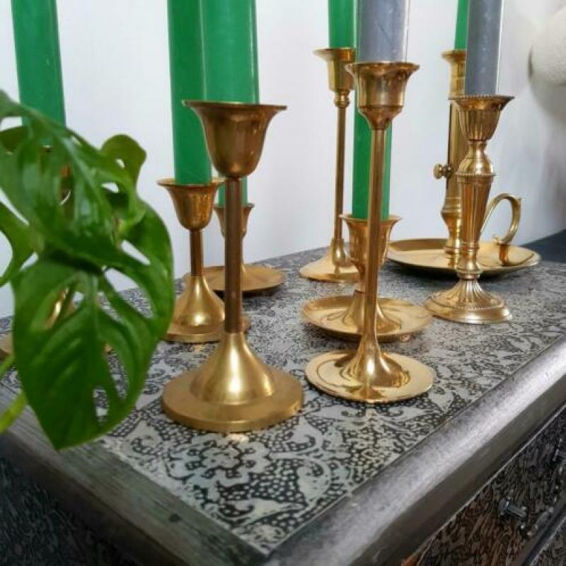 Prachtige set messing koperen kandelaars 9 stuks