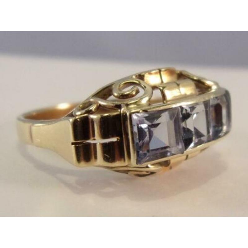 Unieke Art Deco ring met Aquamarijnen, 14 karaat goud