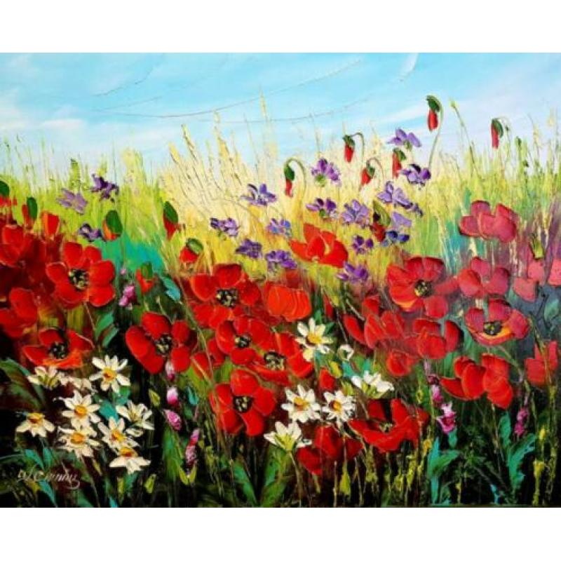 " Flowers in the Meadow "Prachtig Olieverfschilderij