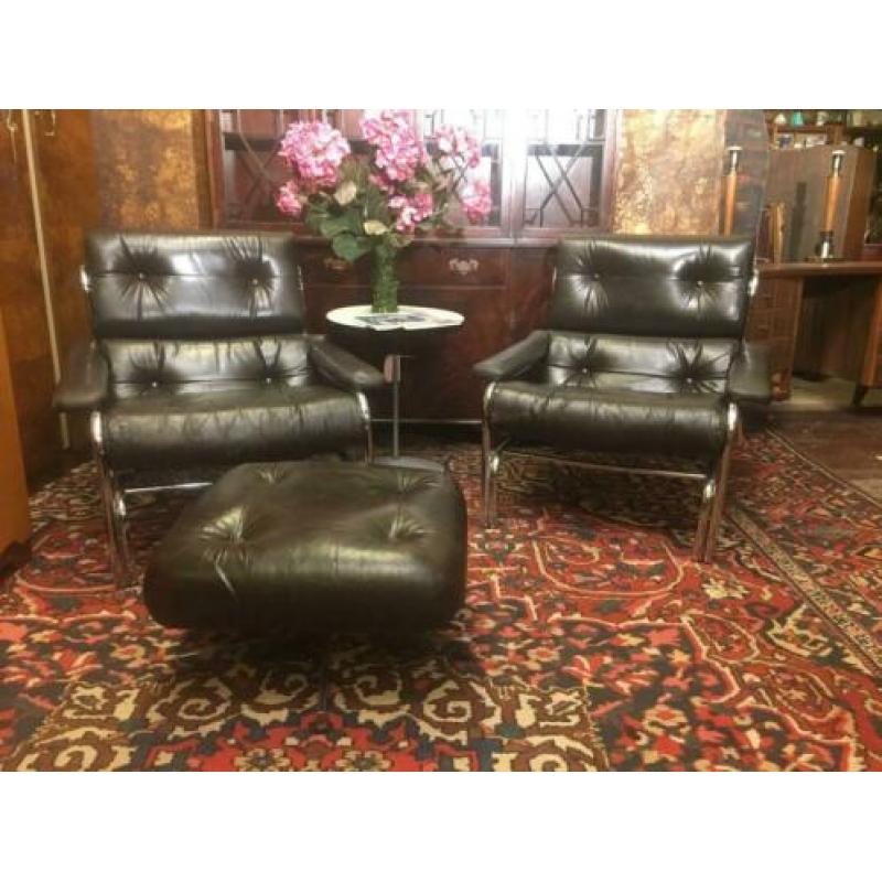 Retro Paar 1970' Pieff Alpha Chrome Lounge Chairs voetenbank