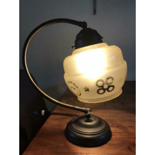 Leuke oude tafel lamp, 30er/ 40er jaren metaal glazen kapje