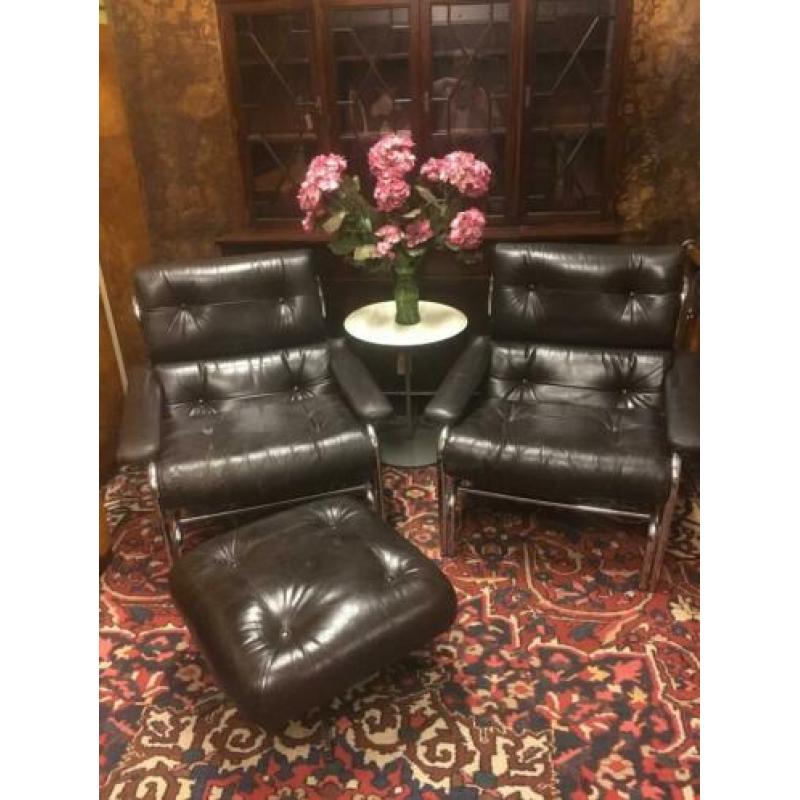 Retro Paar 1970' Pieff Alpha Chrome Lounge Chairs voetenbank