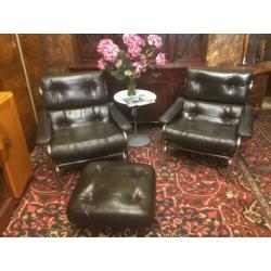 Retro Paar 1970' Pieff Alpha Chrome Lounge Chairs voetenbank