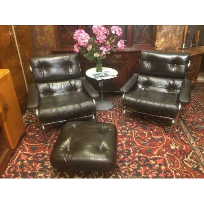 Retro Paar 1970' Pieff Alpha Chrome Lounge Chairs voetenbank