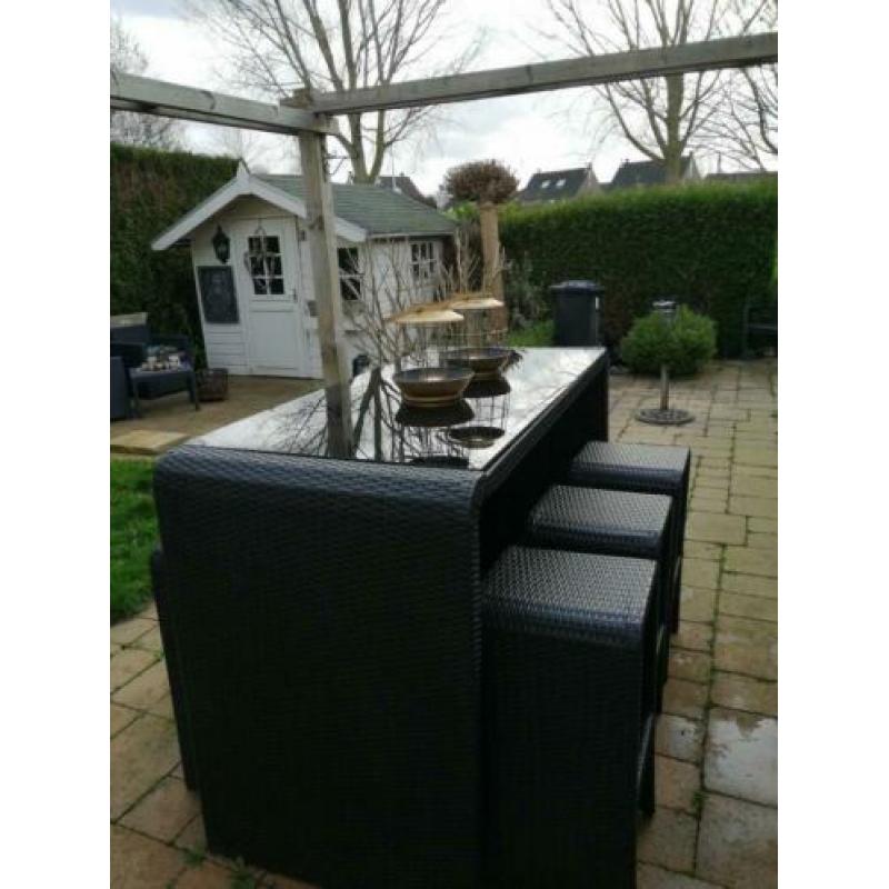 Uniek barset van wicker antraciet grijs 6 barkrukken glas