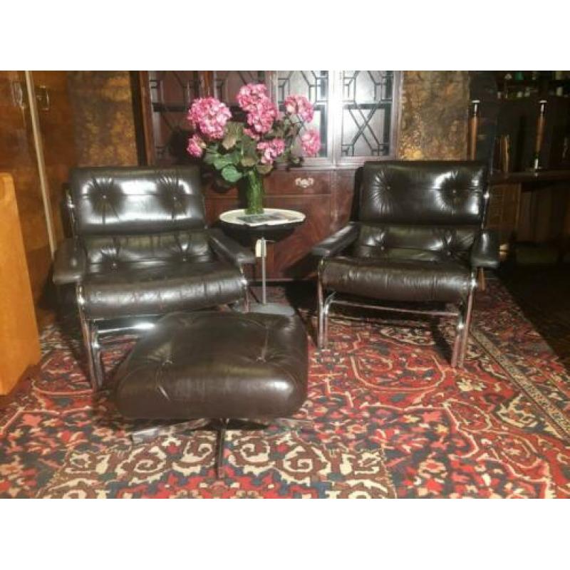Retro Paar 1970' Pieff Alpha Chrome Lounge Chairs voetenbank