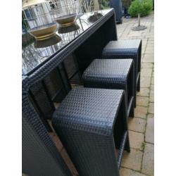Uniek barset van wicker antraciet grijs 6 barkrukken glas