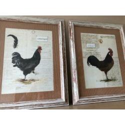 Schilderij kip en haan, set van 2
