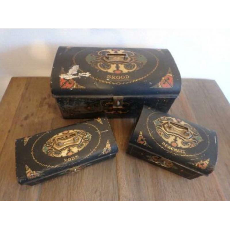 3 antieke opbergblikken set, Weduwe J bekkers en zoon, 1890.