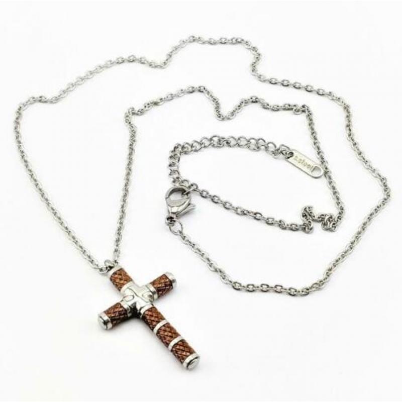 Ketting en Kruis in Roestvrij staal Zilver-Bruin. Nr. 190138