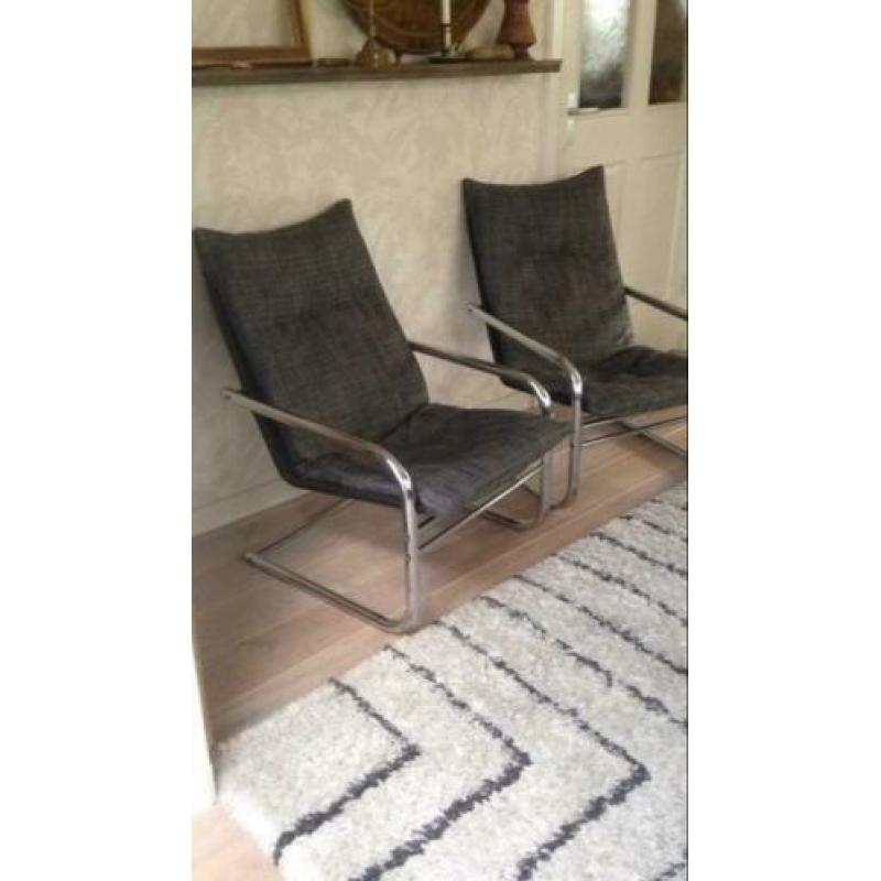 2 Chromen buisframe stoelen- fauteuils.(set)