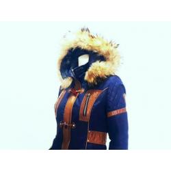 RBM Winter jas blauw leer bruin bont parka mt. 36 S: 35,-