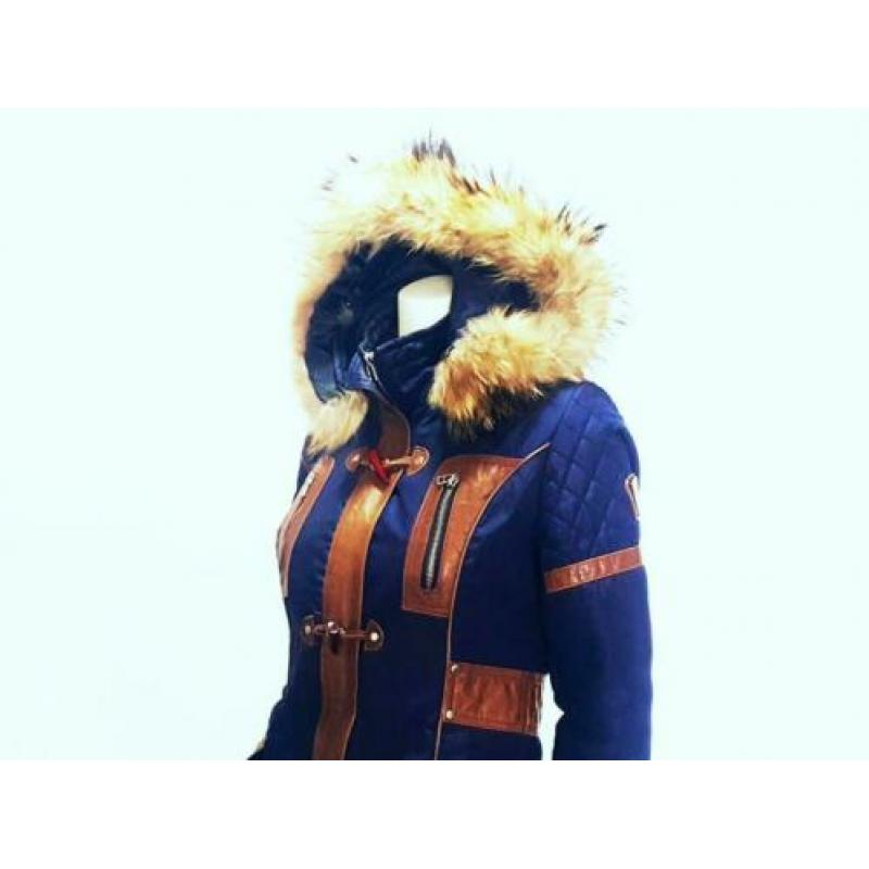 RBM Winter jas blauw leer bruin bont parka mt. 36 S: 35,-