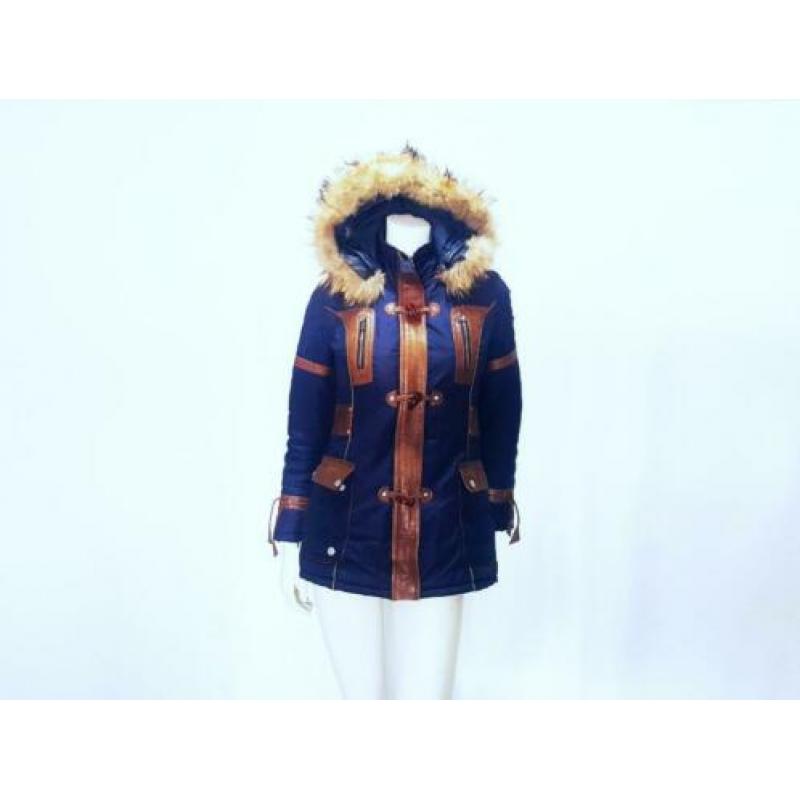 RBM Winter jas blauw leer bruin bont parka mt. 36 S: 35,-