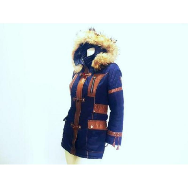RBM Winter jas blauw leer bruin bont parka mt. 36 S: 35,-