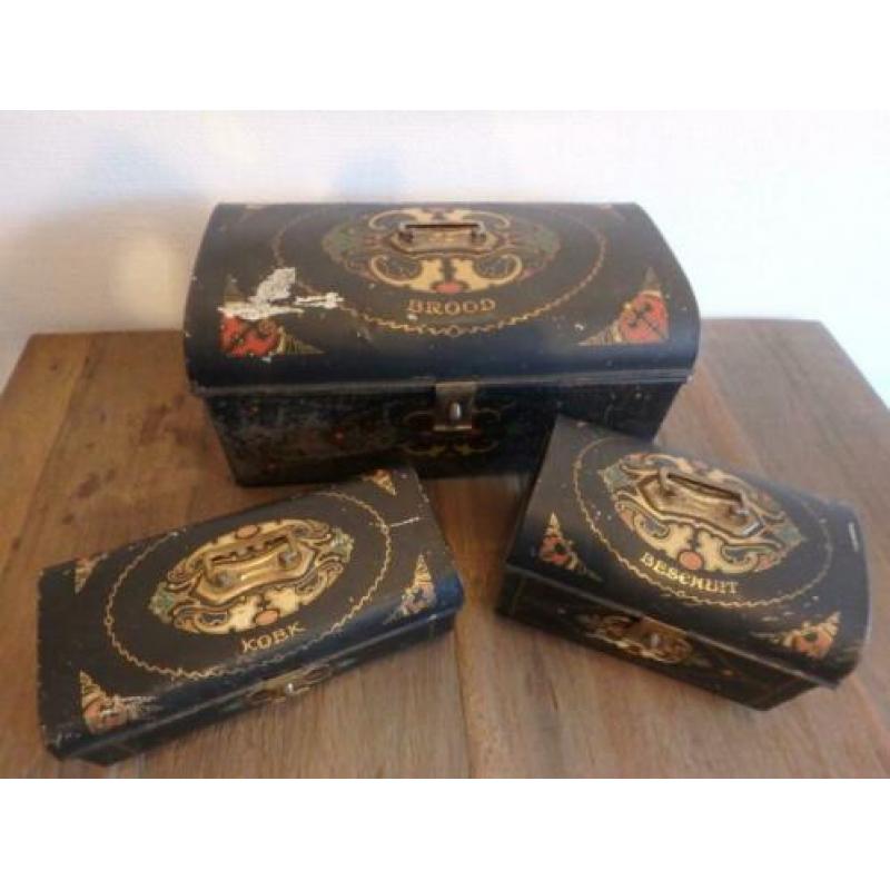 3 antieke opbergblikken set, Weduwe J bekkers en zoon, 1890.
