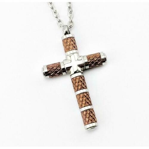 Ketting en Kruis in Roestvrij staal Zilver-Bruin. Nr. 190138