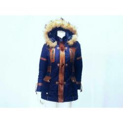 RBM Winter jas blauw leer bruin bont parka mt. 36 S: 35,-