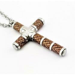 Ketting en Kruis in Roestvrij staal Zilver-Bruin. Nr. 190138