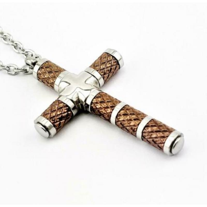 Ketting en Kruis in Roestvrij staal Zilver-Bruin. Nr. 190138