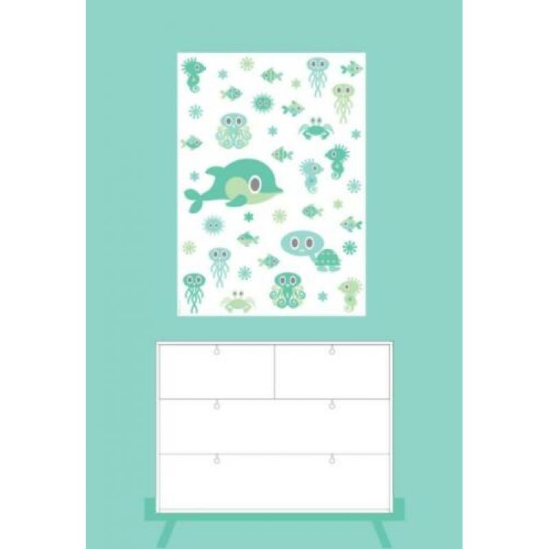 Poster Zeediertjes roze mint 50x70cm kinderkamer babykamer