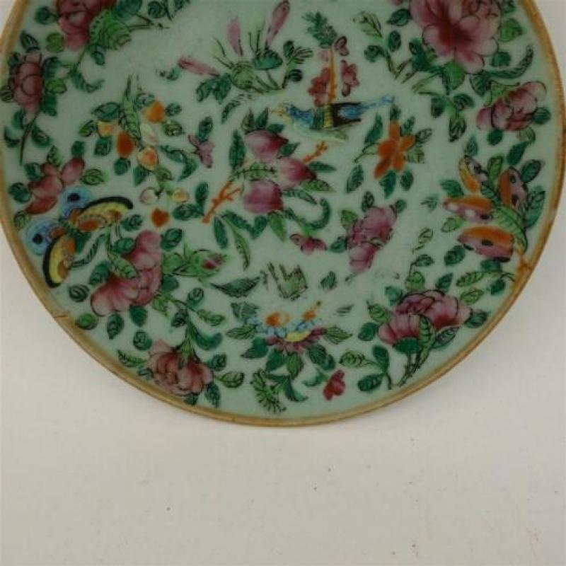 Chinees celadon bord famille rose - Vogel plus vlinder