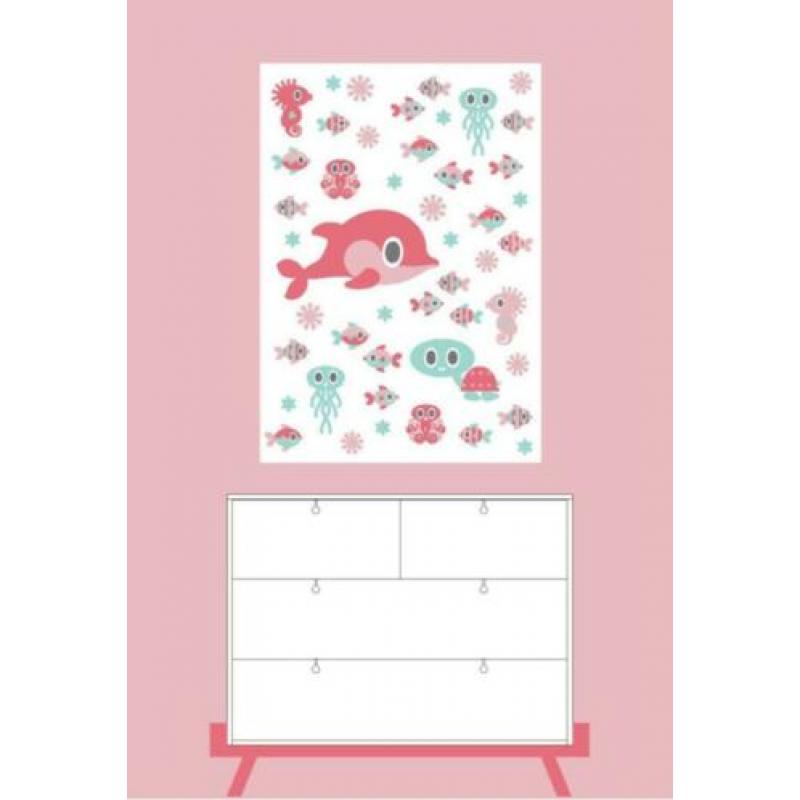 Poster Zeediertjes roze mint 50x70cm kinderkamer babykamer