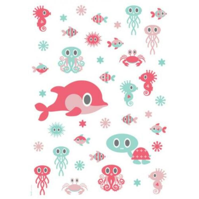 Poster Zeediertjes roze mint 50x70cm kinderkamer babykamer