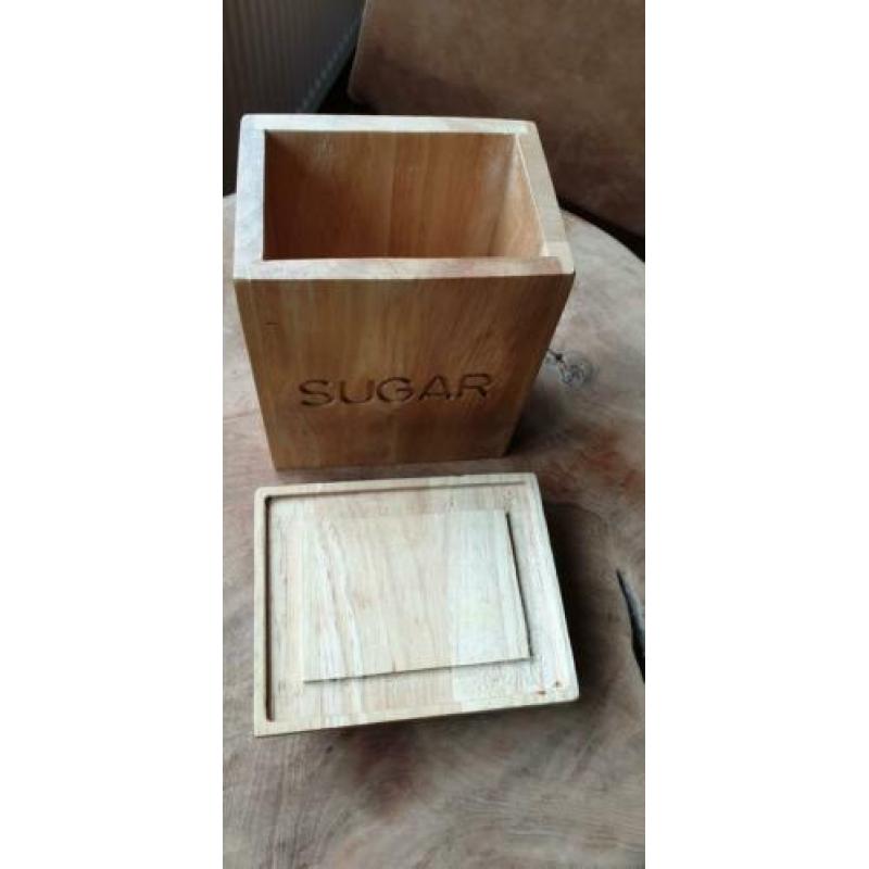 STOERE houten suikerpot & deksel, fraai hout, retro, gaaf!