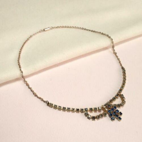 Vintage blauwe strass strik ketting jaren 50 50s