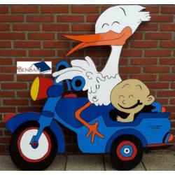 geboortebord ooievaar baby jongen op motor