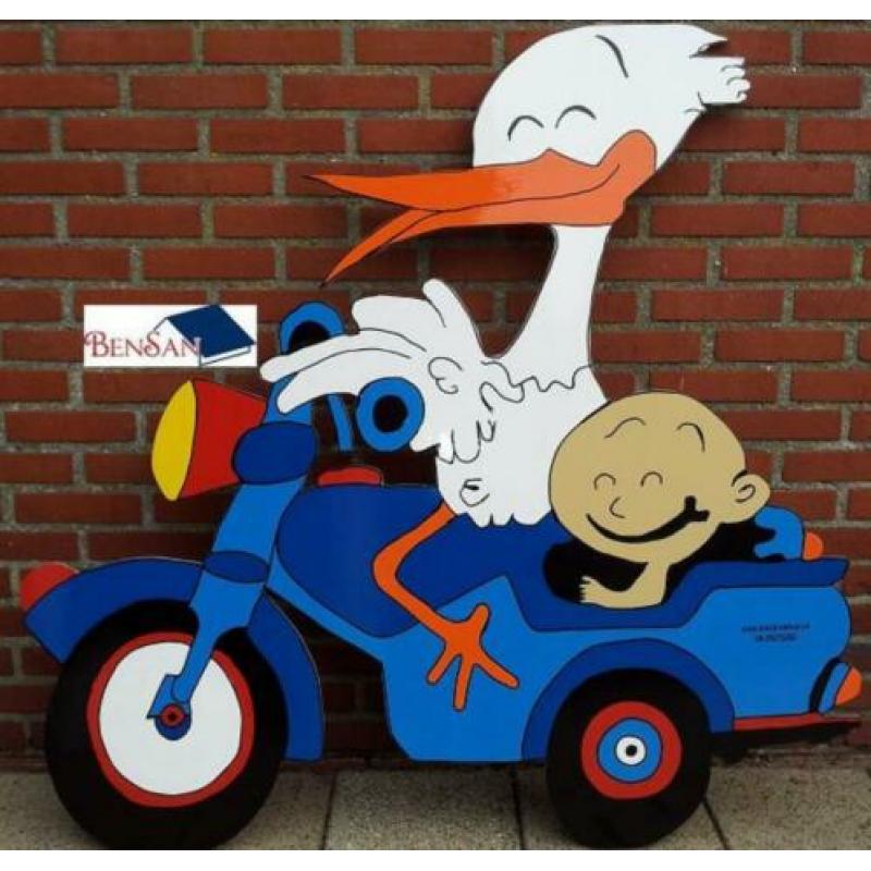 geboortebord ooievaar baby jongen op motor