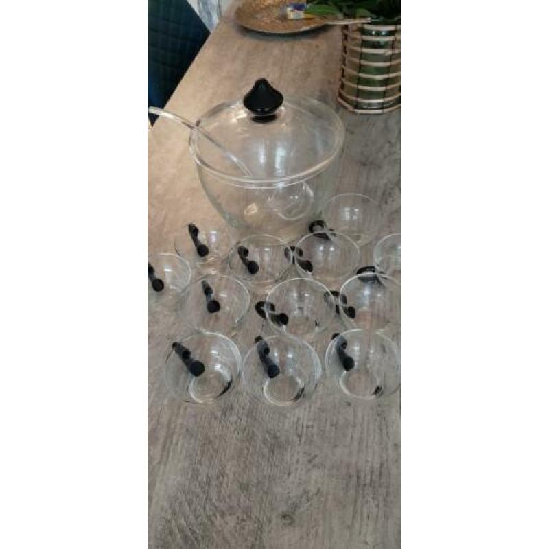 Bowl set met 12 glazen het is oud
