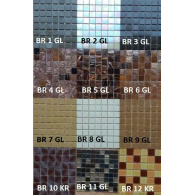 Glas mozaïek,12x bruin tinten, 225 steentjes op mat, 2x2 cm.