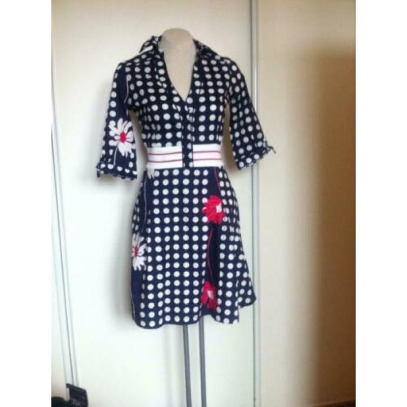 Leuk stippen JURK mt s - retro vintage blauw polkadot dots