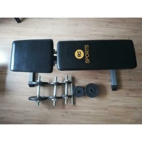 Sport bankje plus dumbells en schijven totaal 32,5 kg