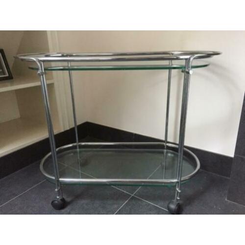 Vintage serveerwagen, (dranken) trolley met chroom en glas