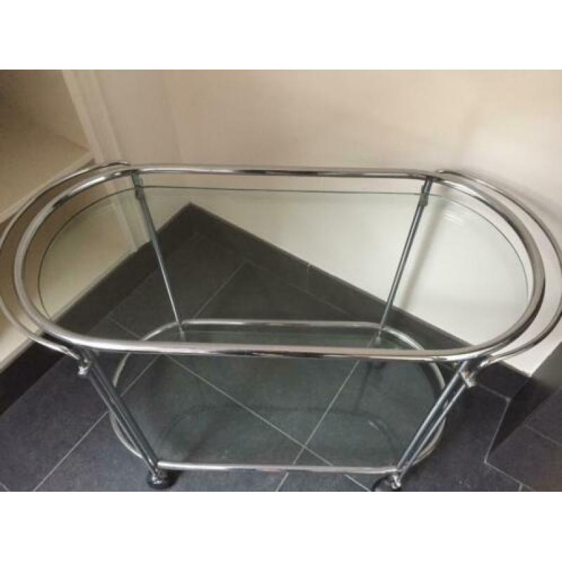 Vintage serveerwagen, (dranken) trolley met chroom en glas