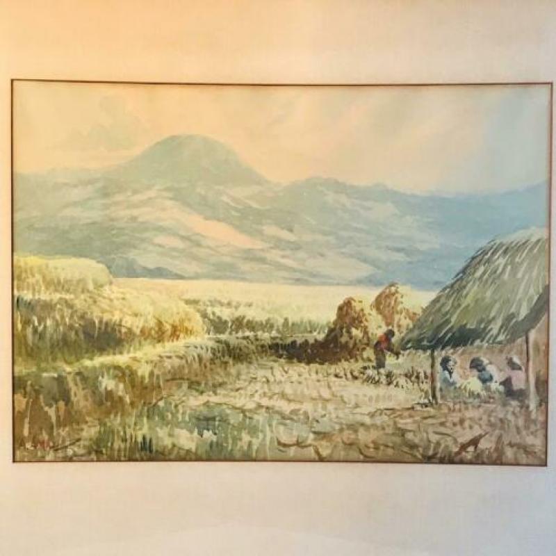 Schilderij indonesisch A. Aman sawa dorpelingen