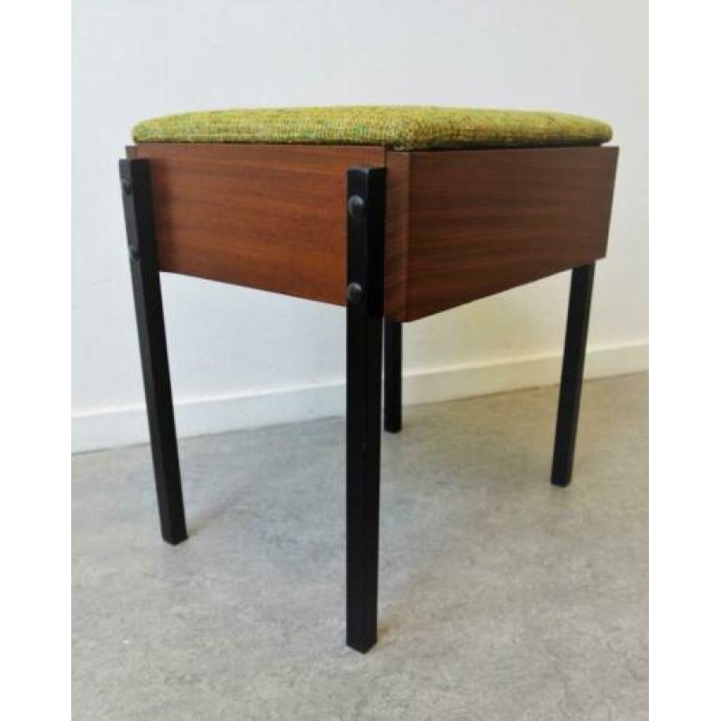 Vintage naaikistje teak hout kruk bijzettafel kruk