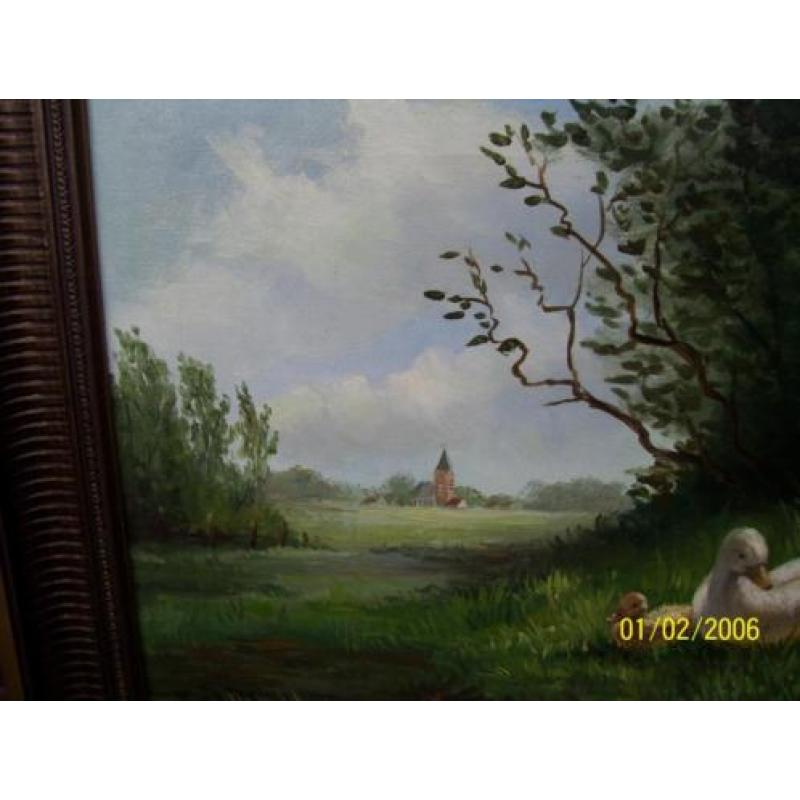 schilderij van roomijn, eend en jonge eenden