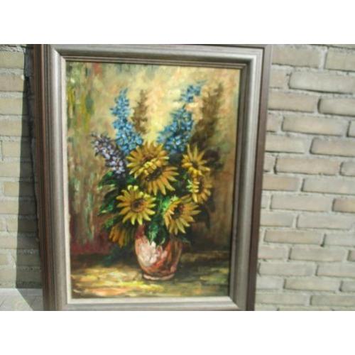Olie/doek. Javali, Bloemen in vaas. 66 x 86 cm.