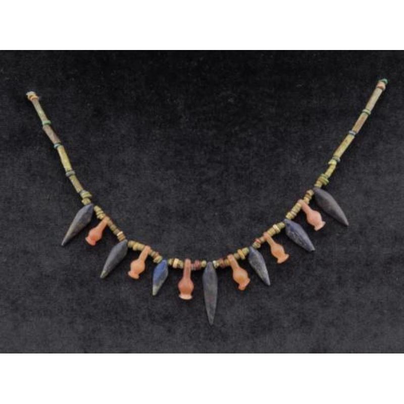 Egyptian collar of faience mummy beads, Lapis petals and car