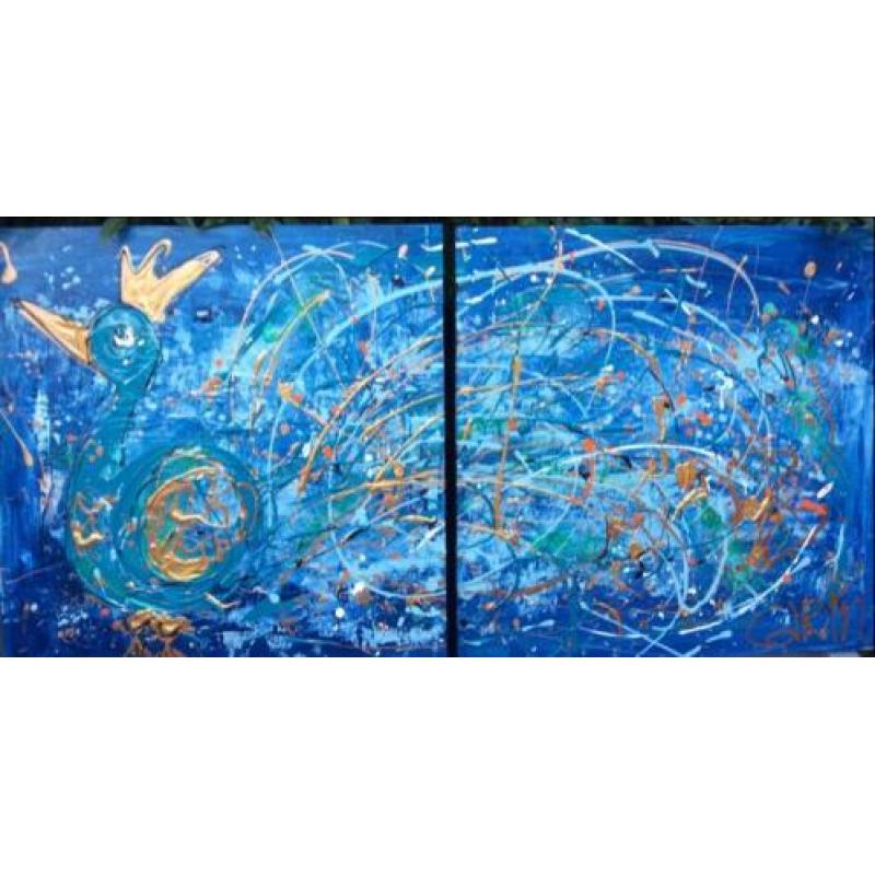 Groot blauw abstract goud 2 Luik