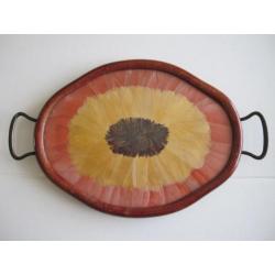Apart antiek dienblaadje met veren, glas met hout