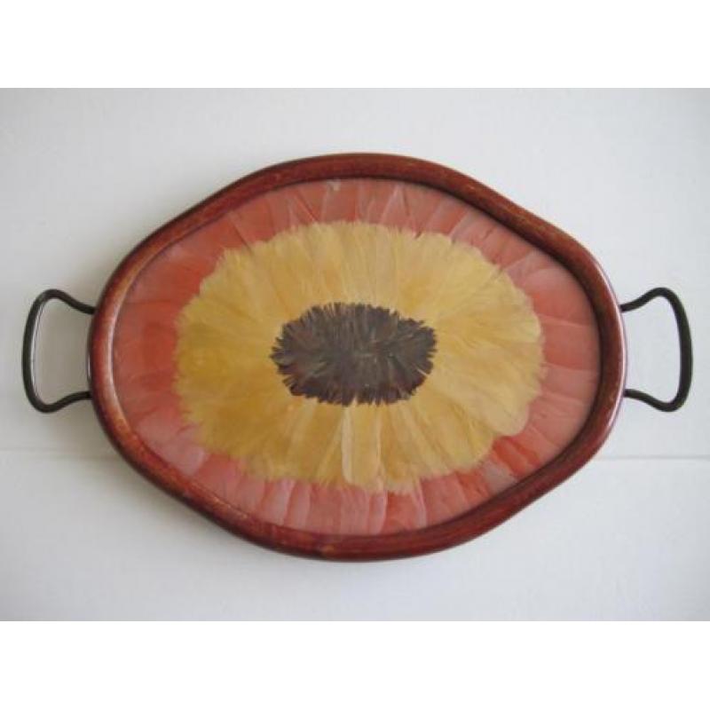 Apart antiek dienblaadje met veren, glas met hout